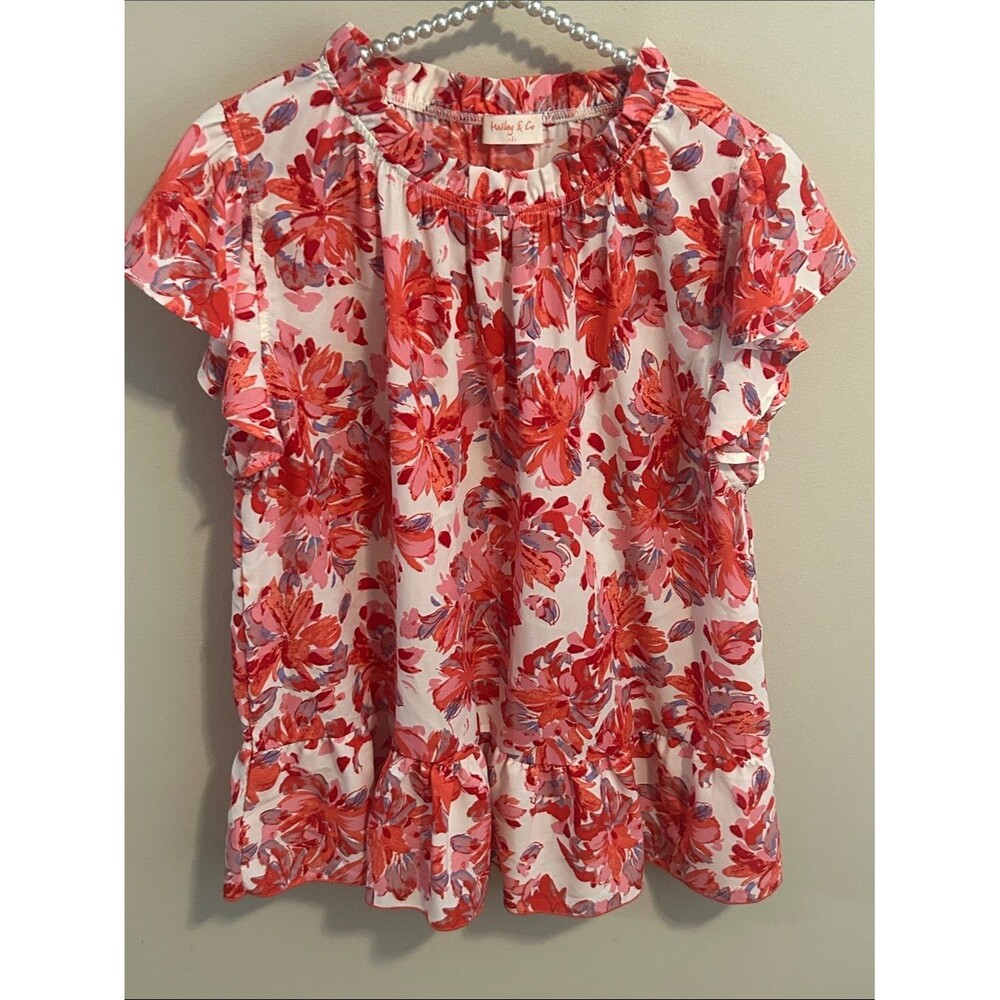 Hailey & Co Floral Flutter Sleeve Ruffle Neck Blouse Top Pink White S
